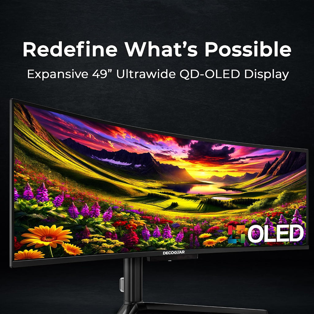 Deco Gear OLED 49 Inch Curved Monitor, 5K2K 5120×1440 Ultrawide Dual QHD, 144HZ, 0.03ms, 32:9 HDR400, Adaptive Sync, R1800 Premium 100% sRGB 90W USB-C, Built-in Speakers Height Adjustable Stand