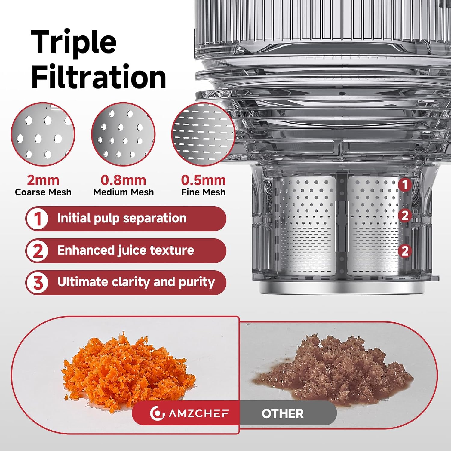 Cold Press Juicer Machine with 6' Extra-Wide Feed Chute,Triple Stainless Steel Filter,Quiet DC Motor,Easy to Clean,Slow Masticating Juicer High Juice Yield,Grey