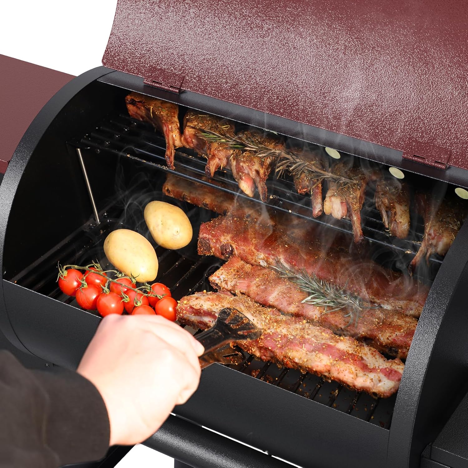 Jocoevol Pellet Smoker Grill Wood Pellet grill Electric Bbq Grills for Outdoor with Auto Feed & Pid Temperature Control 180-425°F, 456 Sq.In Cook Area, 6-In-1 Bbq Grill & Rain Cover For Backyard