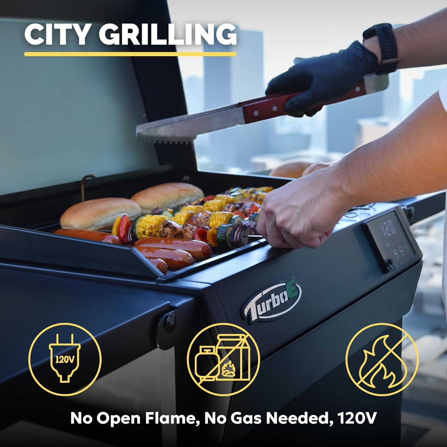 Turbo E Sport Compact Electric Grill, 1700W Infrared, Digital Display with Probe, Apartment Friendly