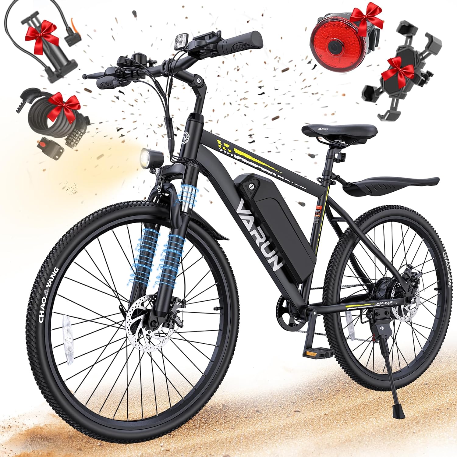 VARUN Electric Bike - 500W Peak Motor, 24/26' All-Terrain E-Bike, Up to 40 Miles & 20 MPH, Removable Battery, 7-Speed, Front Suspension, Dual Disc Brakes, with Free Accessory Pack