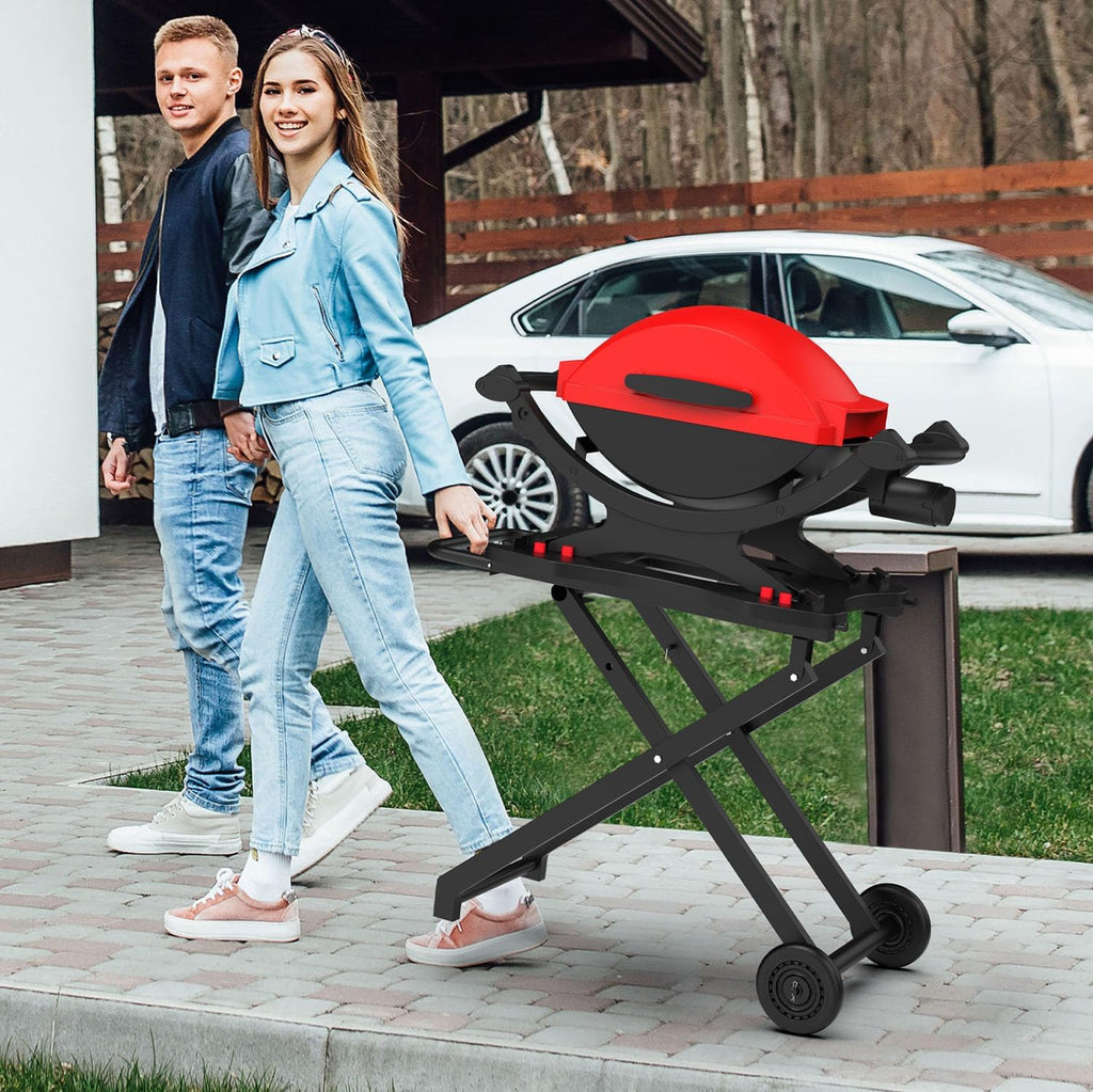 Grill Stand for Weber Q Grill Cart, BBQ Portable Grill Table for Weber Q1200 Q1000 Q2000 Q1400, Heavy-duty Trolley Collapsible Dining Table for Outdoor Camping BBQ Cooking Tailgating, Black, 2 Wheels
