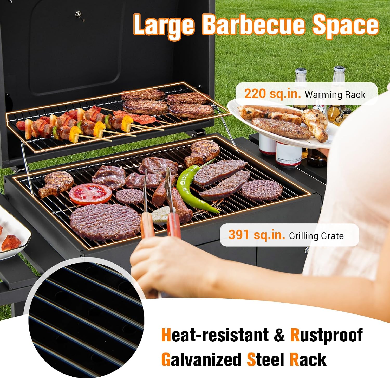 HAPPYGRILL Charcoal Grill, Heavy Duty Cooking Grill with 2 Foldable Side Tables, 8 Hooks, Storage Shelf, 2 Wheels, Flame Control, Outdoor BBQ Grill for Picnic Party Camping Backyard Patio