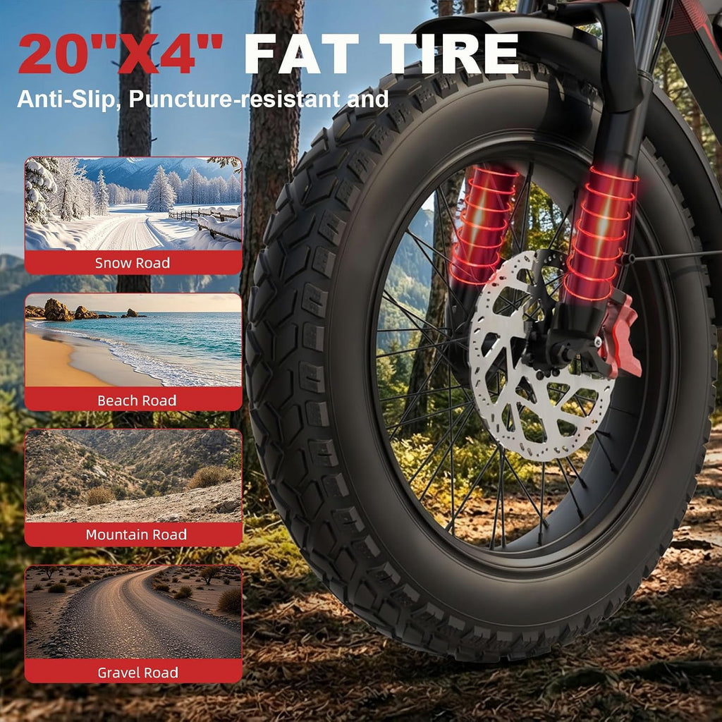 Likebike Electric Bike for Adults 1500W/2000W/3000W Peak,32/36/47MPH 20' Fat Tire Ebike, 48V 20AH/23AH/33Ah Removable Battery 7-Speed Full Suspension Mountain Bike Off Road Hydraulic Disc Brake