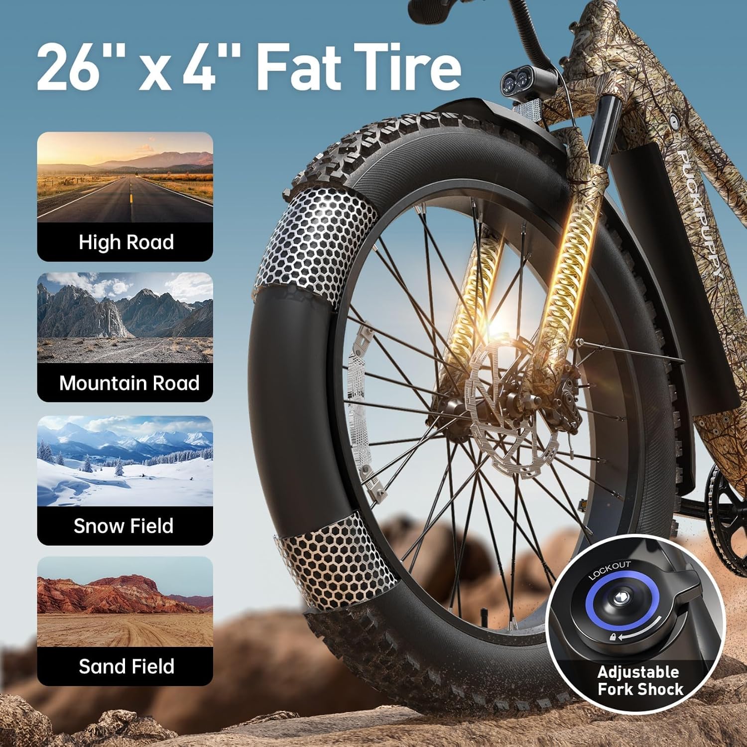 PUCKIPUPPY Electric Bike for Adults with 960W(Peak), 26' Fat Tire Electric Mountain Bike, 48V 15AH Removable Battery Ebike, 28MPH Aluminum Frame E Bike with Rear Storage Shelf