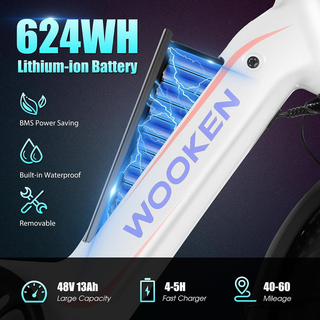 Wooken Electric Bike for Adults, 500W Motor Ebike,20'x4.0' Fat Tire Electric Bike,48V 624WH Removable Lithium-ion Battery,Up to 60 Miles,Step-Thru Electric Mountain Bike,SGS Certified to UL 2849
