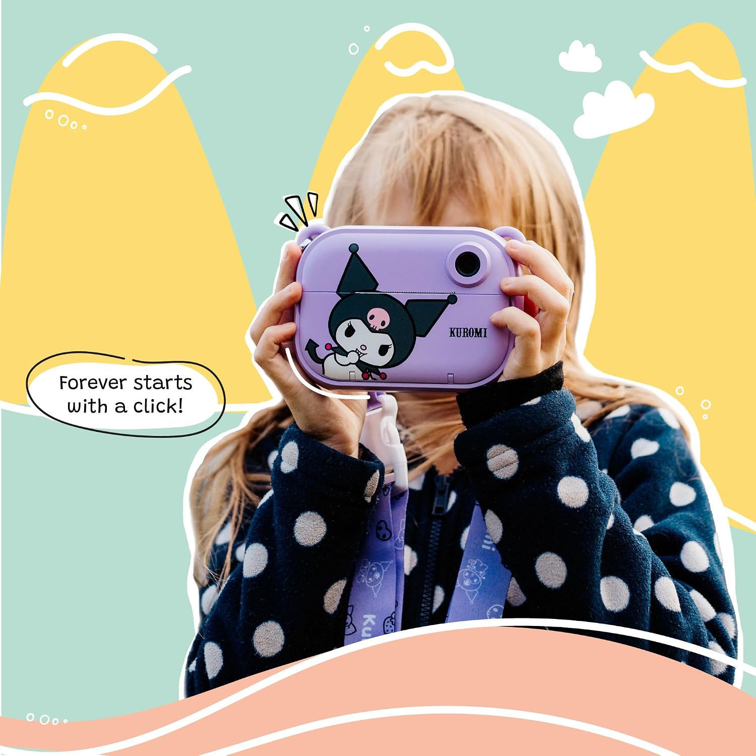 Kuromi Official Licensed Instant Print Digital Camera, 2.4' HD Screen, Ink-Free B&W Printing, Selfie Lens, 1080p Video, 32GB Memory Card (Model P) by kiimento