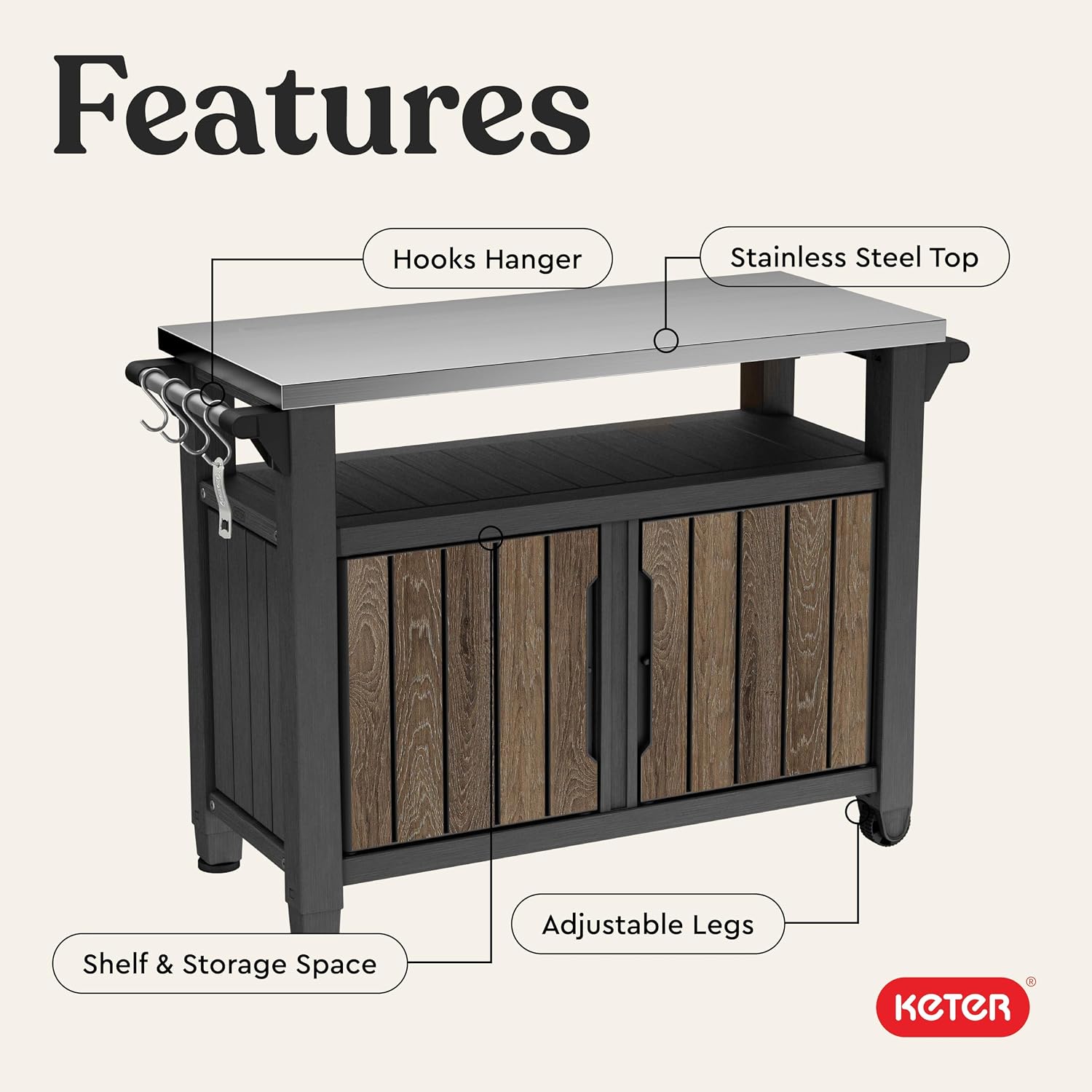 Keter Unity XL Outdoor Entertainment Cart with Wood‑Look Finish, 78‑Gallon Patio Storage Cabinet, Food Prep Station, Stainless‑Steel Top for BBQ, Grill, Patio, Deck & Backyard, Walnut