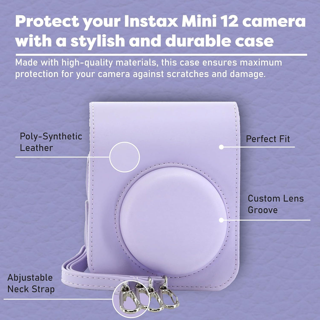 Fujifilm Instax Mini 12 Instant Camera Bundle with Fujifilm Instax Mini Instant Film Value Pack (60 Sheets) with Accessories Including Protective Case, Strap, Photo Album (Lilac Purple)