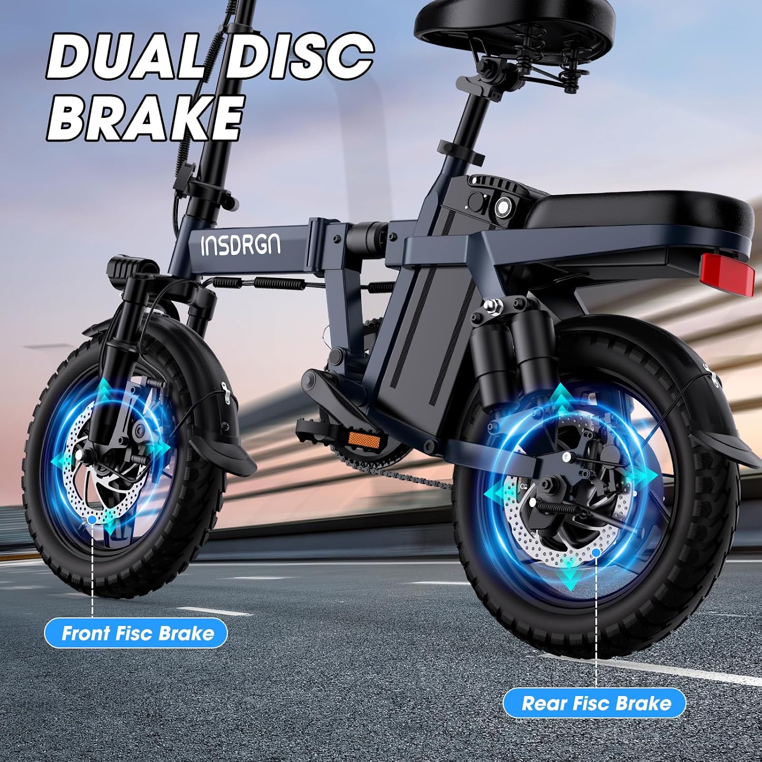 INSDRGN Electric Bike for Adults and Teens,14' Folding Adult E Bike with 650W Peak Motor,20MPH,28Miles Range,Advanced 9-Point Suspension & Dual Disc Brake,Removable Battery,UL 2849 Certified
