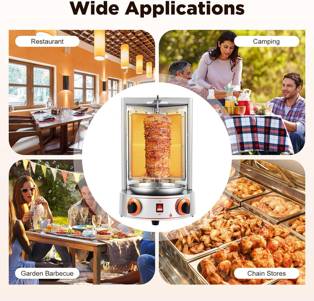 Gas Shawarma Machine Countertop Rotating Doner Kebab Oven Broiler Gyro Maker 360° Rotating Vertical Broiler With 2 Burners, 3000w Efficient Heating For Home/Outdoor Bbq, Kebab/Doner/Grill