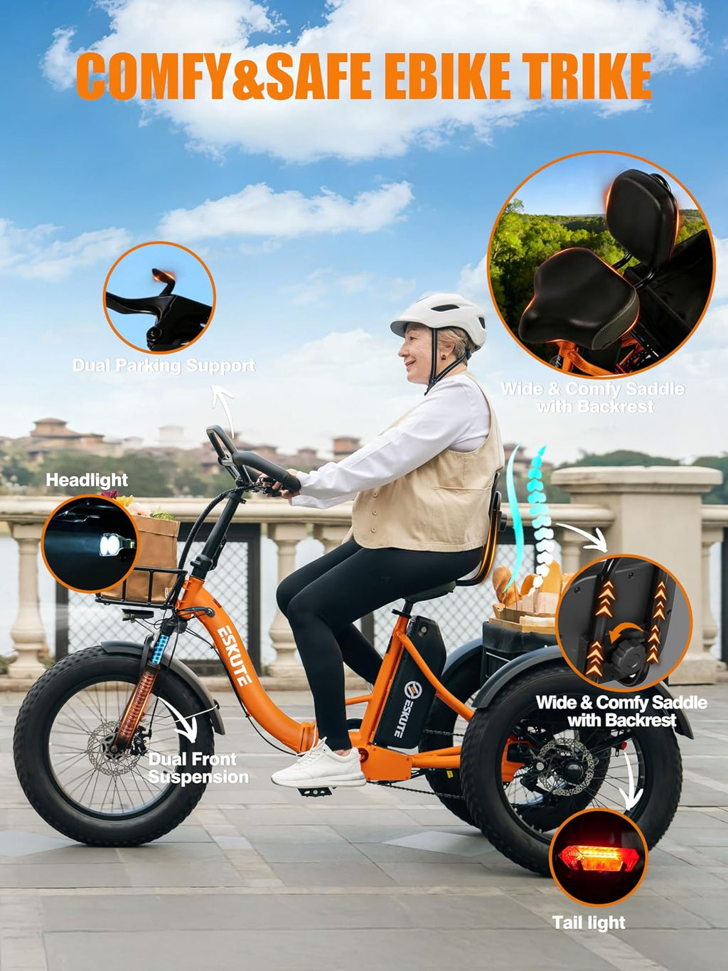 ESKUTE T300 Pro Electric Trike for Adults, 998.4Wh Long-Range Battery, 1200W Peak Motor, 20'x4.0' Fat Tires, Foldable 3-Wheel Butterfly Handlebar E-Bike with Storage Bags