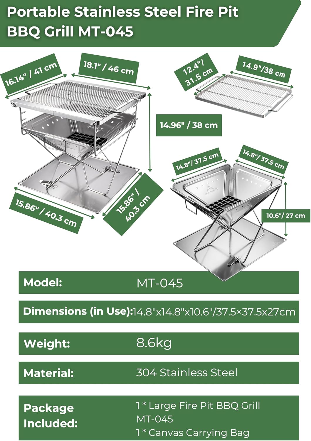 CAMPINGMOON 3 in 1 Flatpack Portable Fire Pit Grill 14 inch Foldable Stainless Steel Wood Burning Camping Stove Adjustable Height Overlanding Outdoor Cooking RV Trips Carry Bag included MT-045