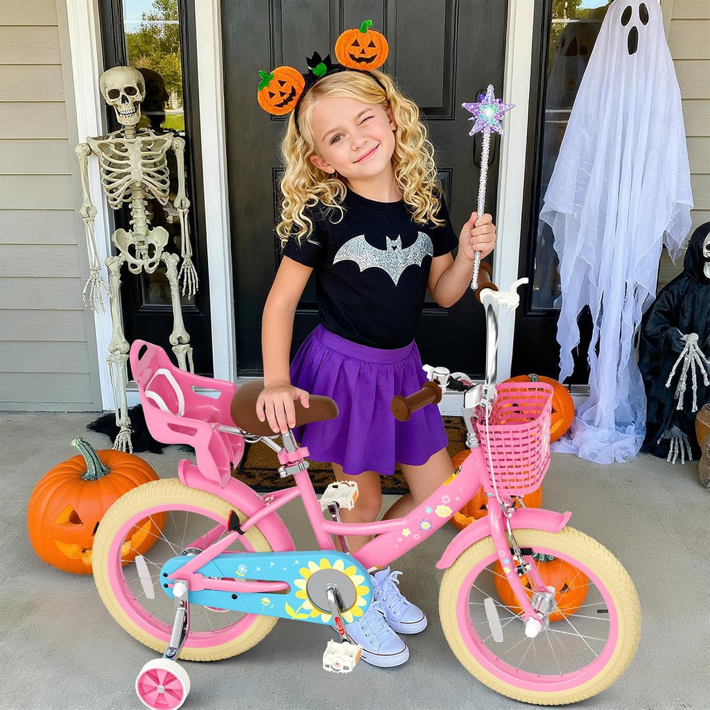 Glaf Toddler Girls Bike 12 14 16 20 Inch Girls Bike with Training Wheels Age 2-12 Years Old Bicycle Kids Bike with Basket and Doll Seat Adjustable Seat