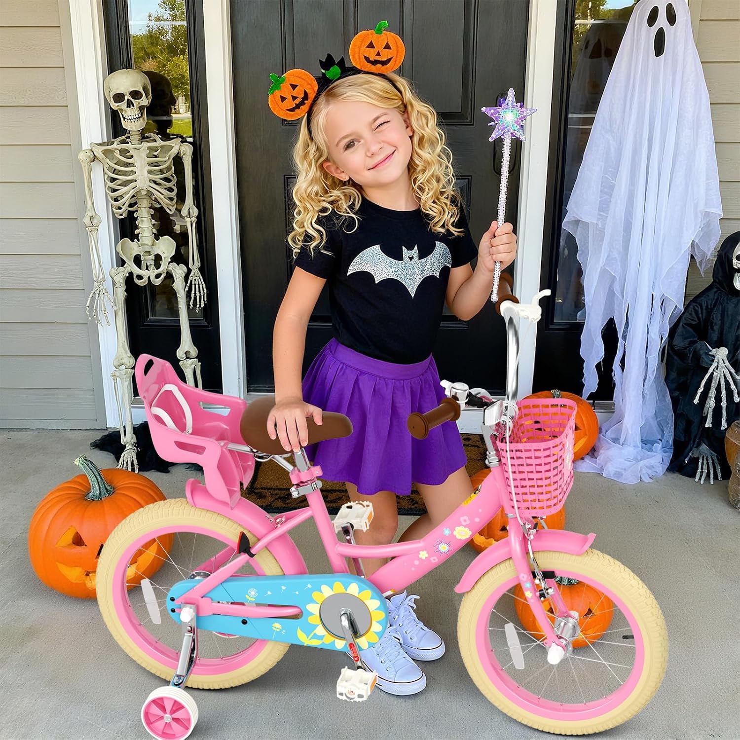 Glaf Toddler Girls Bike 12 14 16 20 Inch Girls Bike with Training Wheels Age 2-12 Years Old Bicycle Kids Bike with Basket and Doll Seat Adjustable Seat