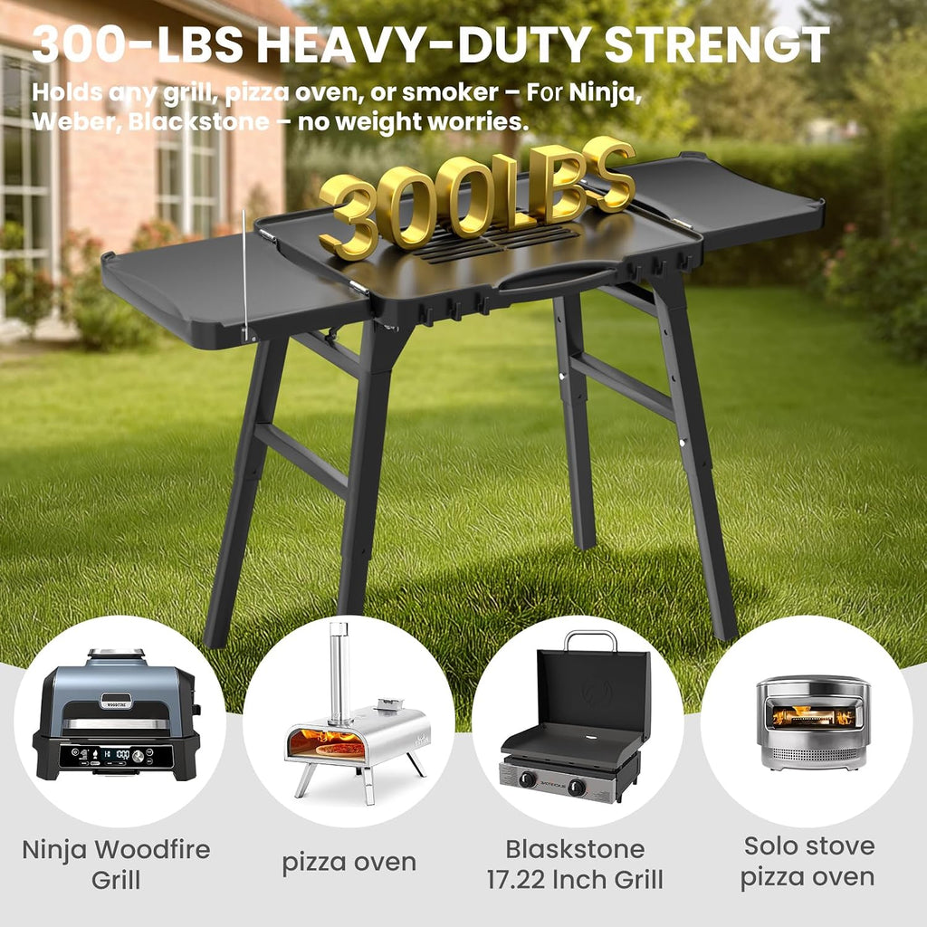 GRISUN Universal Folding Grill Cart | Portable Stand for Ninja Woodfire OG700/OG800/OG900, Blackstone, Ooni | 3-Height Adjustable