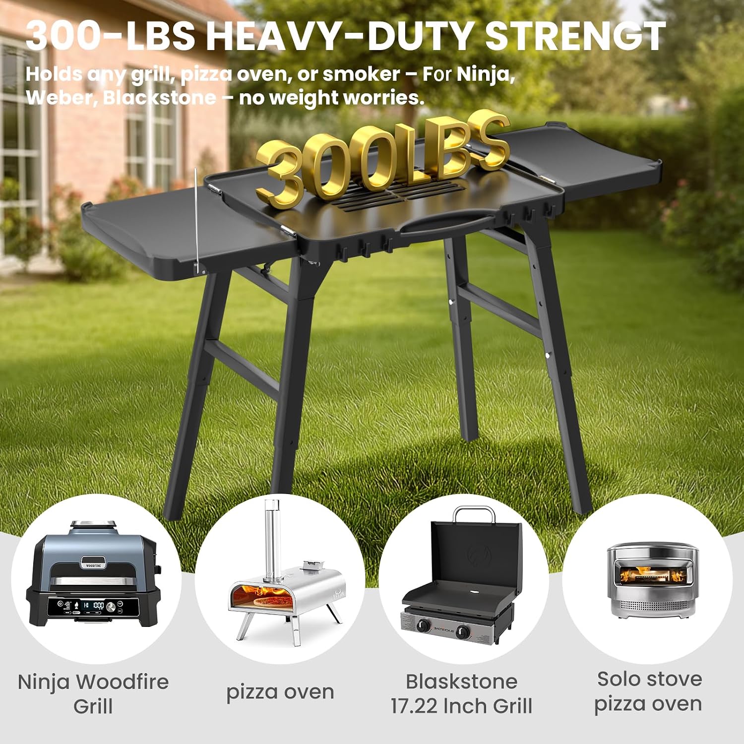 GRISUN Universal Folding Grill Cart | Portable Stand for Ninja Woodfire OG700/OG800/OG900, Blackstone, Ooni | 3-Height Adjustable