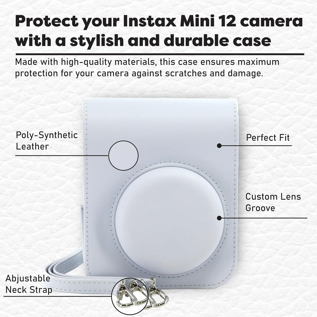 Fujifilm Instax Mini 12 Instant Camera Bundle with Fujifilm Instax Mini Instant Film Value Pack (60 Sheets) with Accessories Including Protective Case, Strap, Photo Album (Clay White)