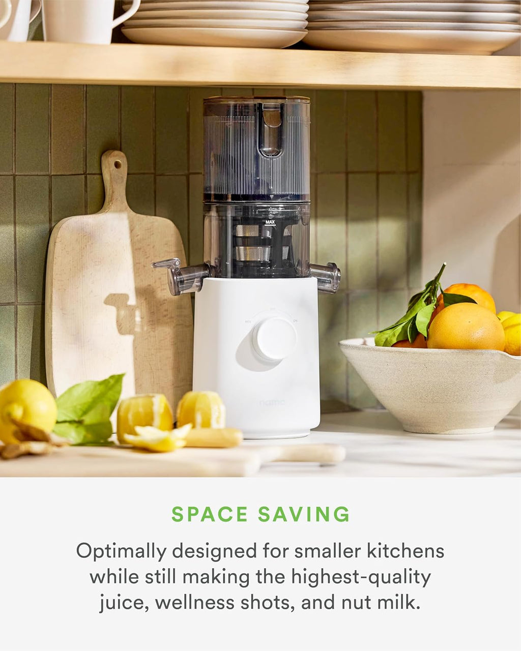Nama J3 Compact Cold Press Juicer – Space Saving & Self Feeding for Hands-Free Operation – Lightweight, Portable Zero Waste Slow Masticating Juicer – Easy Cleanup & Assembly - White