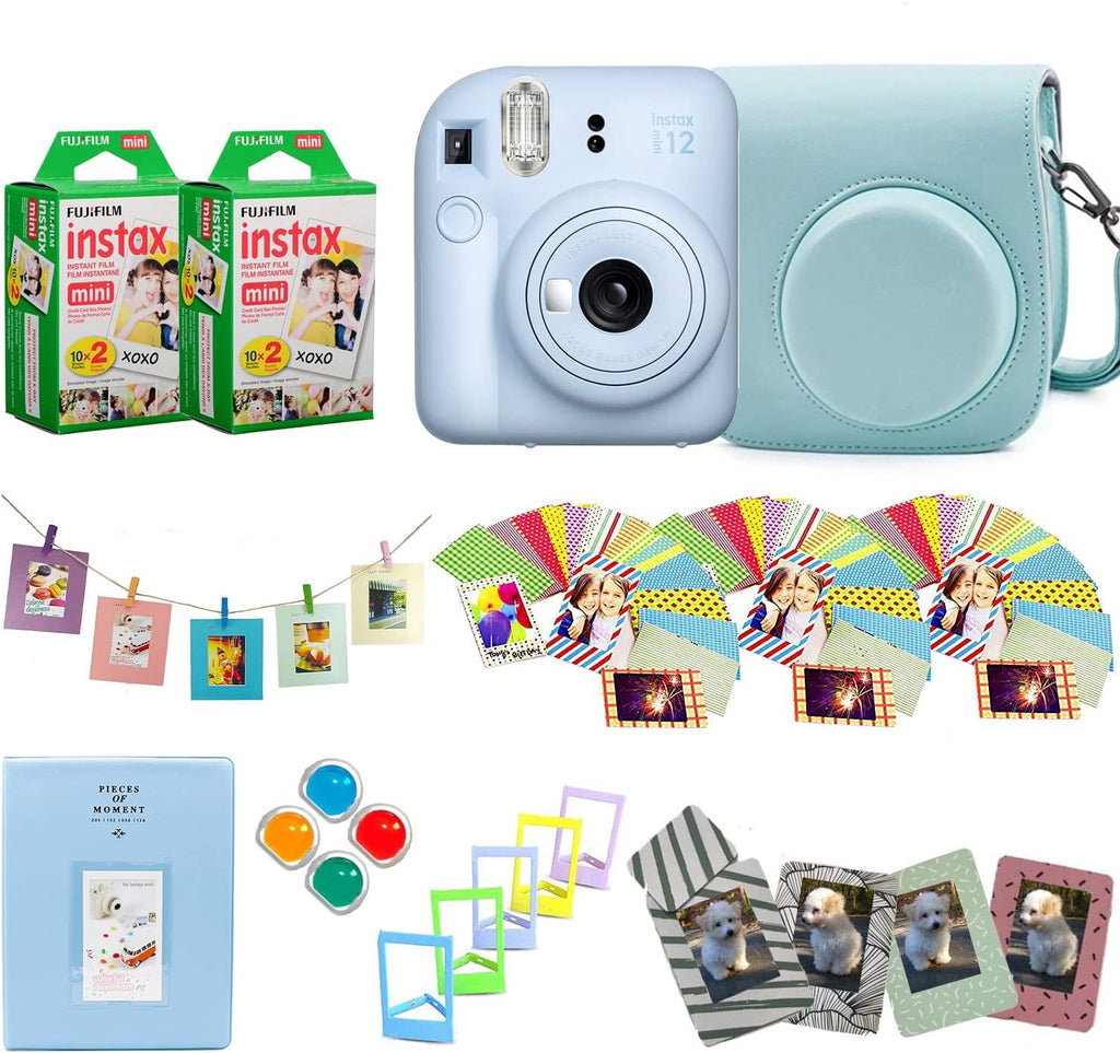 Fujifilm Instax Mini 12 Instant Camera + Pro Design Accessory Bundle with Protective Case, Magnetic Frames, Album, Frames Design Kit (40 Sheets) (Pastel Blue)