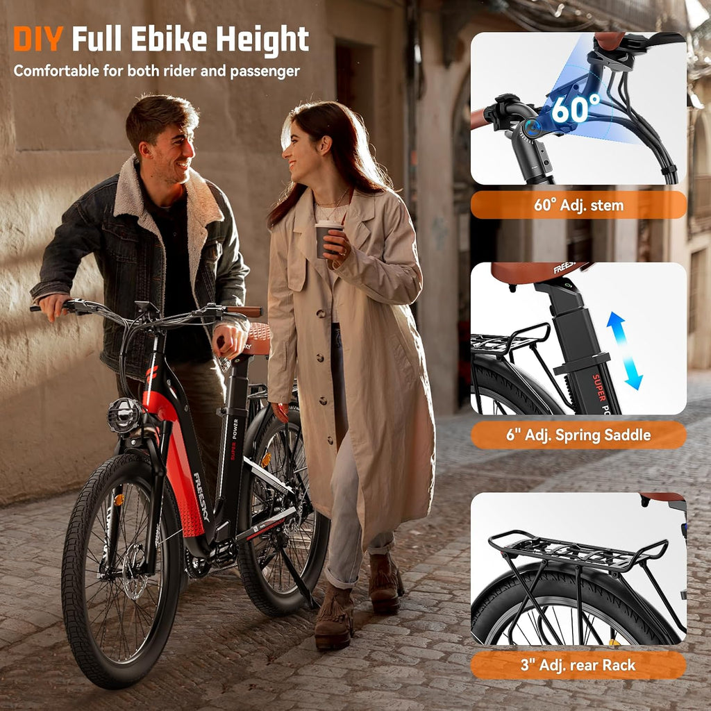 FREESKY NOVA Electric Bike, Dual Samsung Cells Battery 48V 30A, 120Miles Range, Lightweight Step-Thru ebike for Adults with BAFANG Motor 28MPH, Torque Sensor smooth speed up, Full Suspension Commuting