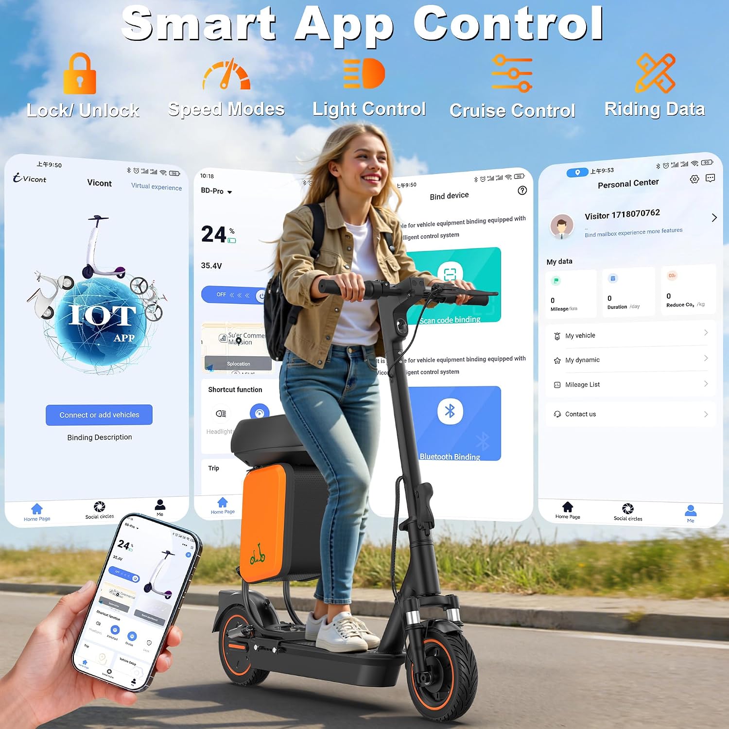 Electric Scooter, 350W-500W Motor, 19 MPH to 22MPH, 15-41 Miles Range, Dual Suspension, Dual Braking, App Control, Foldable Commuter E Scooter for Adults and Teens