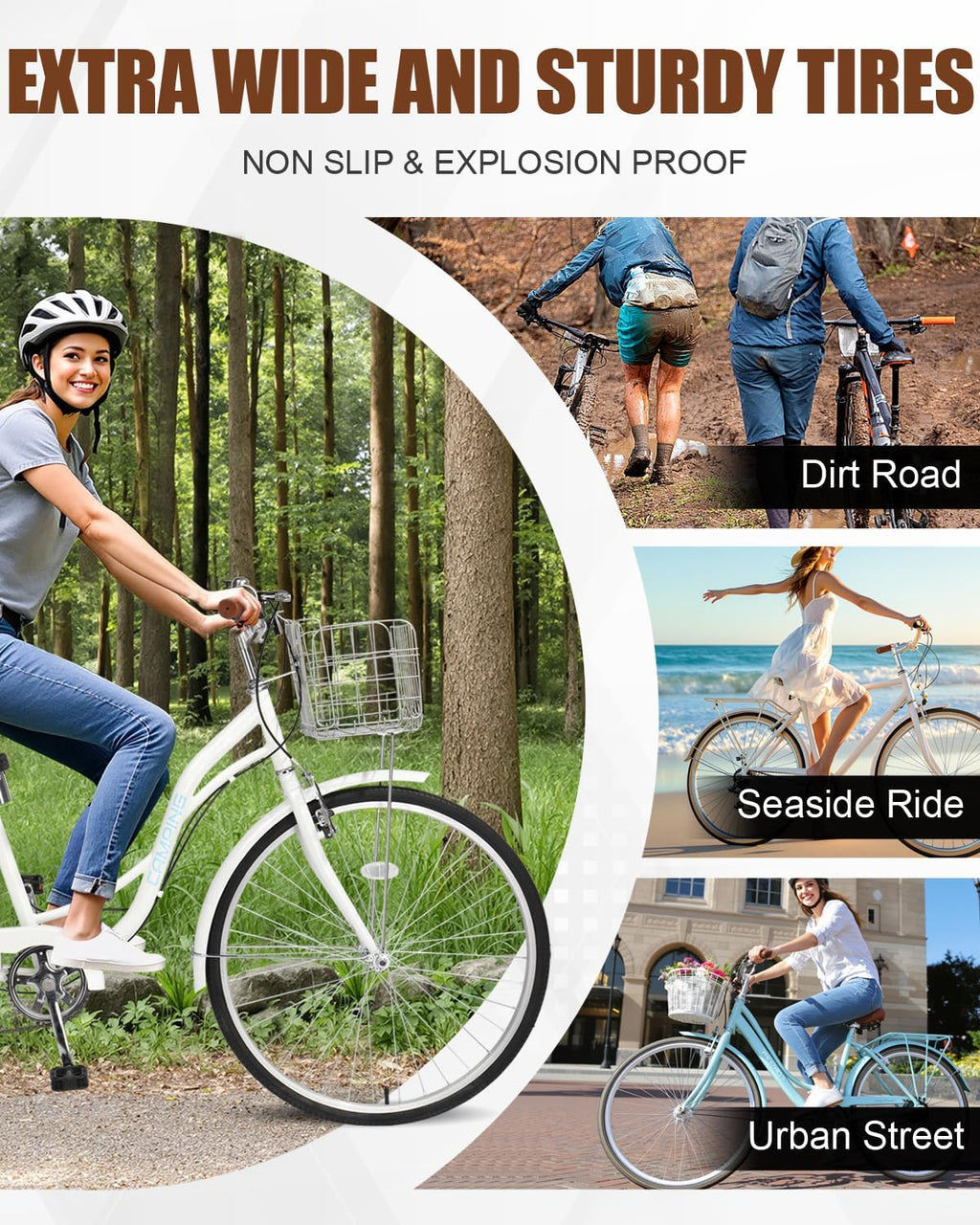 CamPingSurvivals 26' Cruiser Bike Commuter Bike 7 Speed Women's Bicycle Beach Cruiser with Ergonomic Upright Design, Adjustable Saddle, Dual Fenders & V Brake and High Carbon Steel Frame