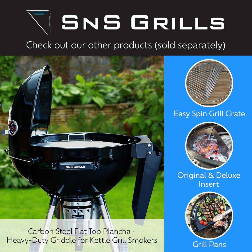 SnS Grills Slow 'N Sear Carbon Steel Flat Top Plancha Griddle - Rotating Durable Griddle for Kettle Grill BBQs - Outdoor Cooking Accessory - Fits 22' Kettles