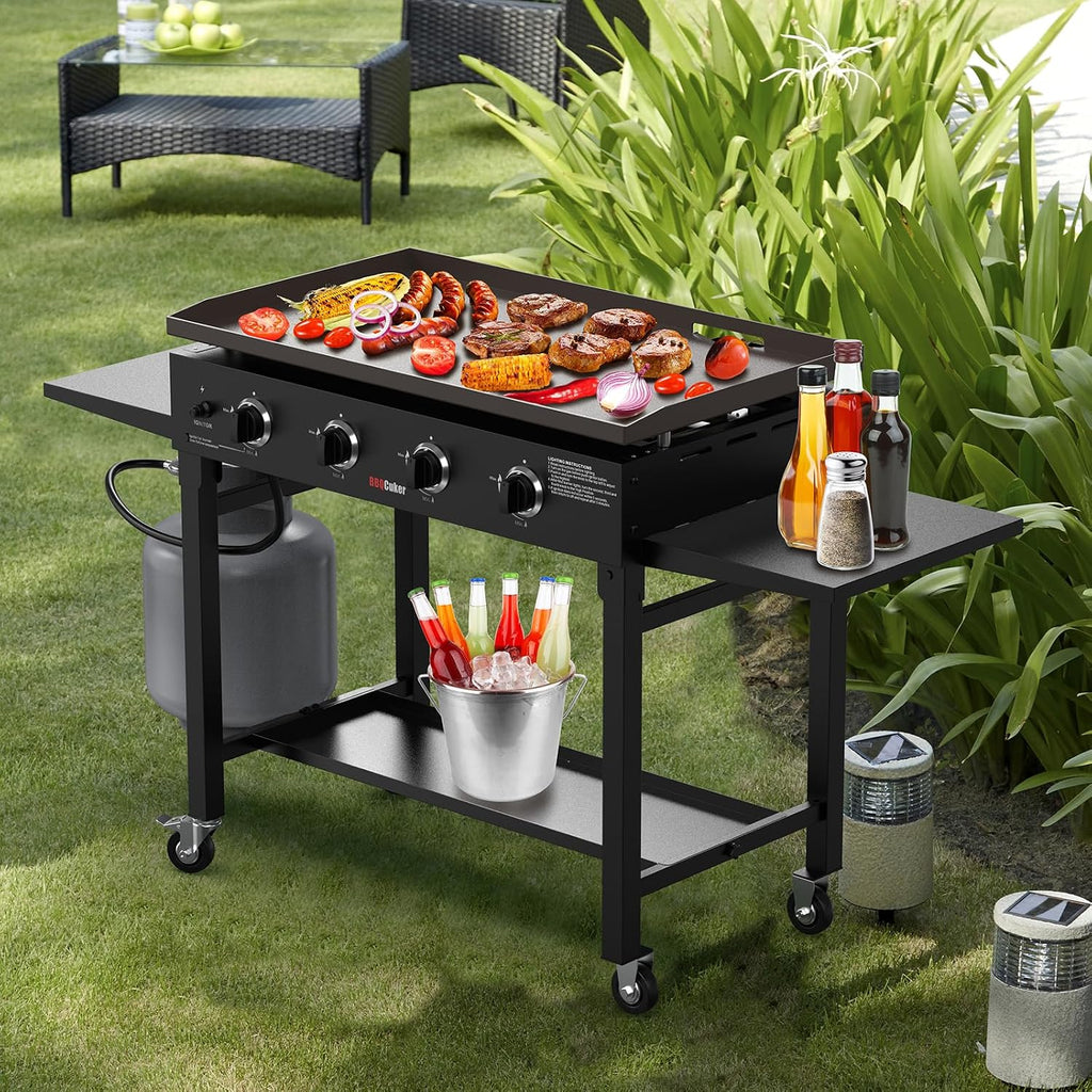 BBQCuker 4-Burner Propane Gas Griddle, 60,000 BTU Flat Top Grill with Removable Side Tables, Bottom Tray and Foldable Legs, 766 sq. in. Cooking Area, Portable Outdoor Griddle for Camping, BBQ (BLACK)