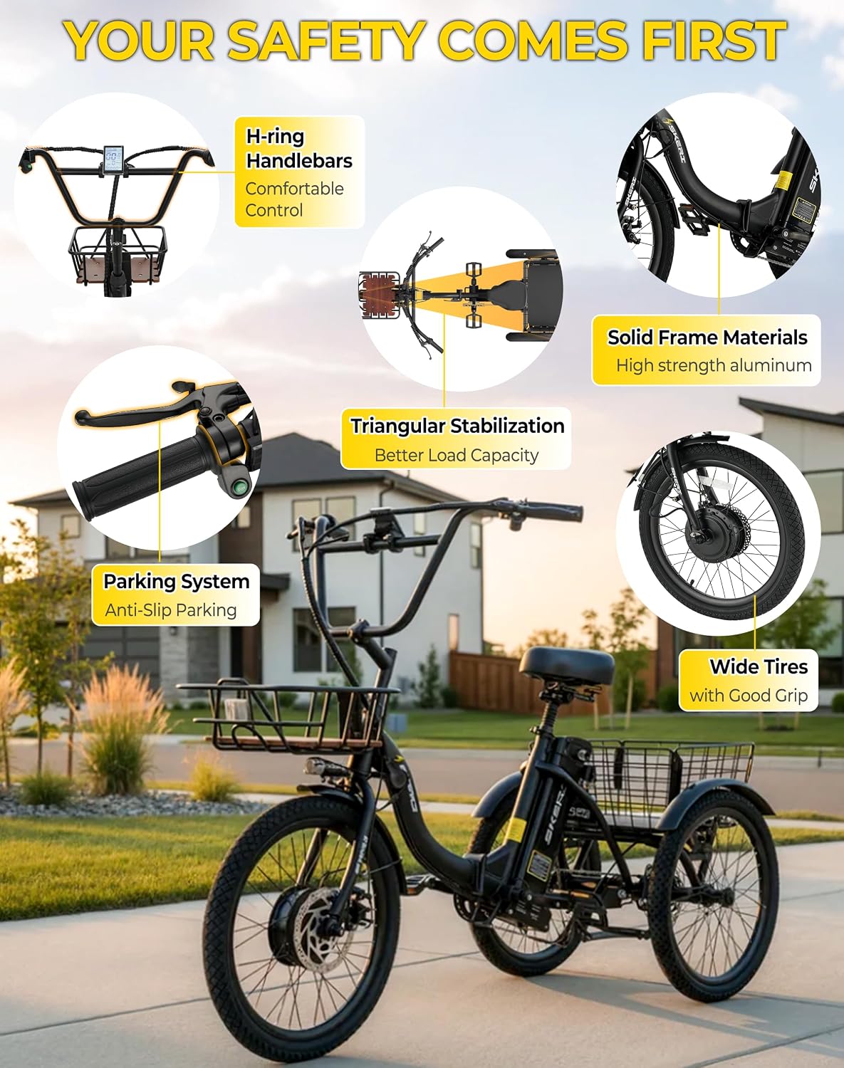 Skeri Electric Trike, Peak 1000W Electric Tricycle for Adults, 20' Folding 3-Wheel Electric Bike, Step-Thru E Trike with 624WH Removable Battery and Large Basket, Black