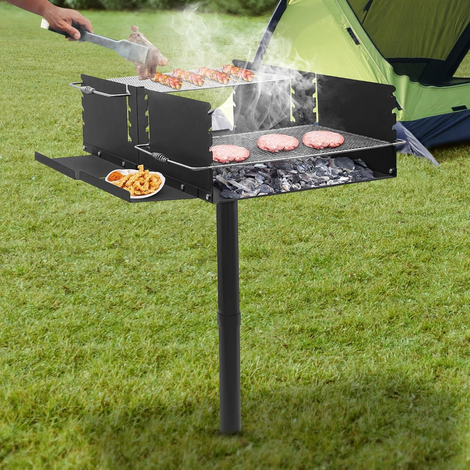 Outdoor Charcoal Grill, 40' Freestanding BBQ Grill, Adjustable Height Stainless Steel Mesh, Large Cooking Area, Barbecue Cooking Station, for Patio, Backyard, Camping, Garden Parties