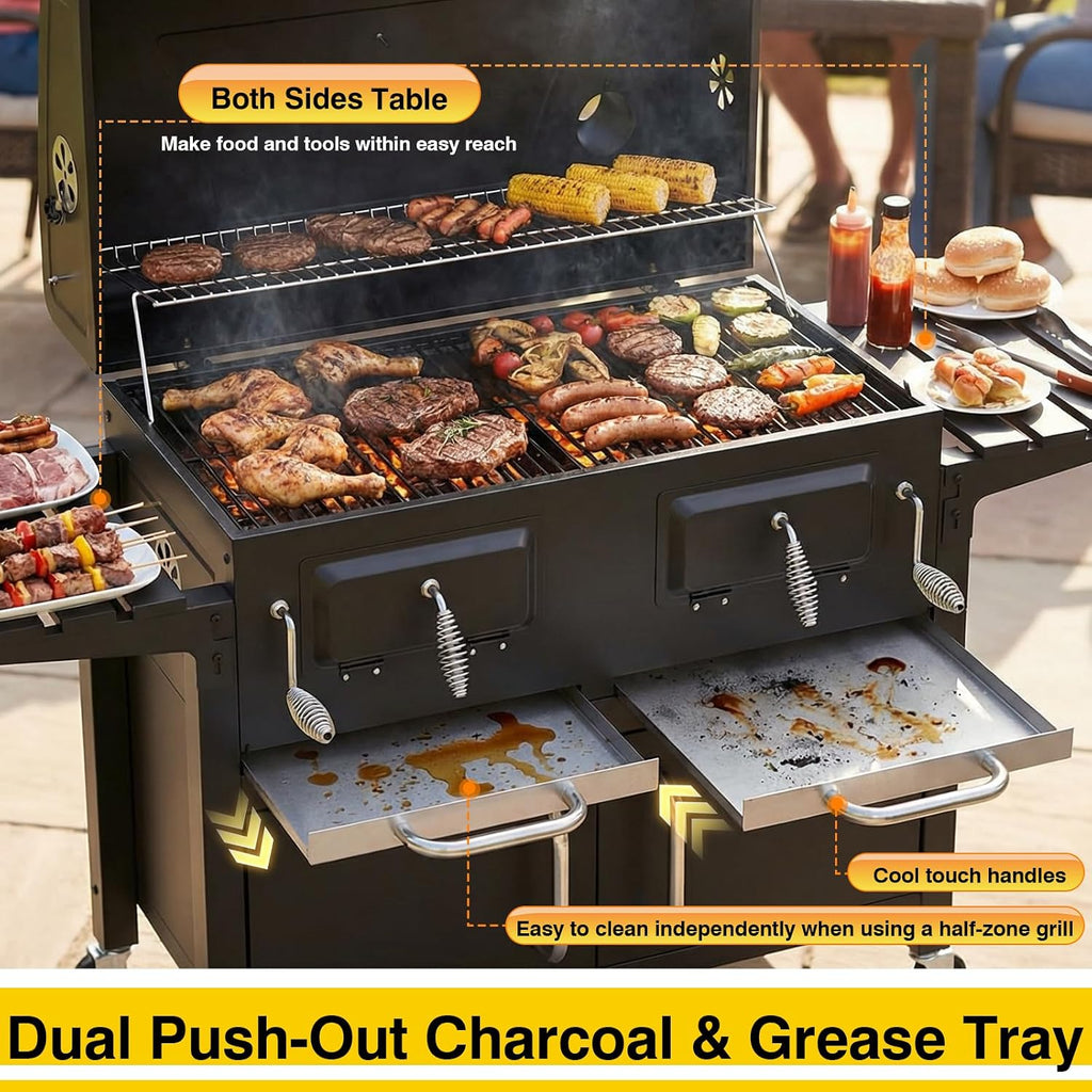 Bestfire 63' Oversized Charcoal BBQ Grill & Smoker, Large Outdoor Grill with 2 Individual Lifting Charcoal Trays, Cabinet-Style Charcoal Grills with Foldable Side Tables, 4 Wheels, Asadores de Carbon