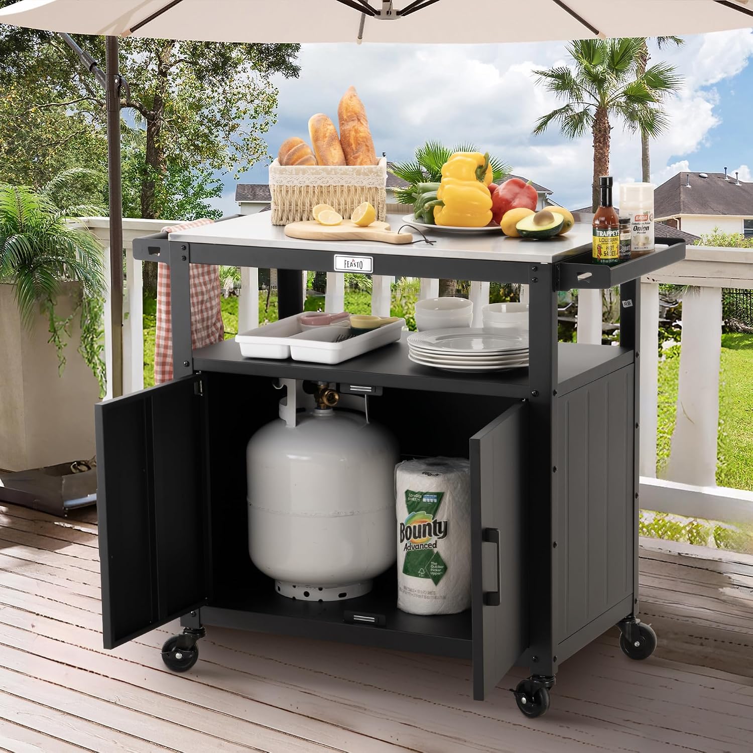 Feasto Outdoor Grill Cart with Stainless Steel Tabletop and Storage Cabinet, Movable Kitchen Island with Wheels for BBQ Food Prep, Black