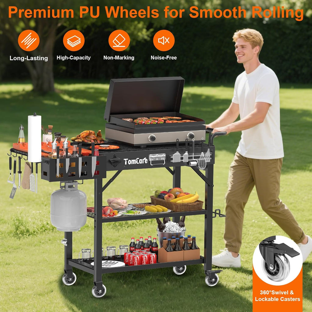 TomCare Grill Table with 3-Tier Storage Shelves Lockable Wheels Grill Cart with Silicone Grill Mat Heavy Duty Outdoor Tabletop Griddle Stand Holds 500Lbs Fits 22' Blackstone Ninja Cuisinart BBQ Grill