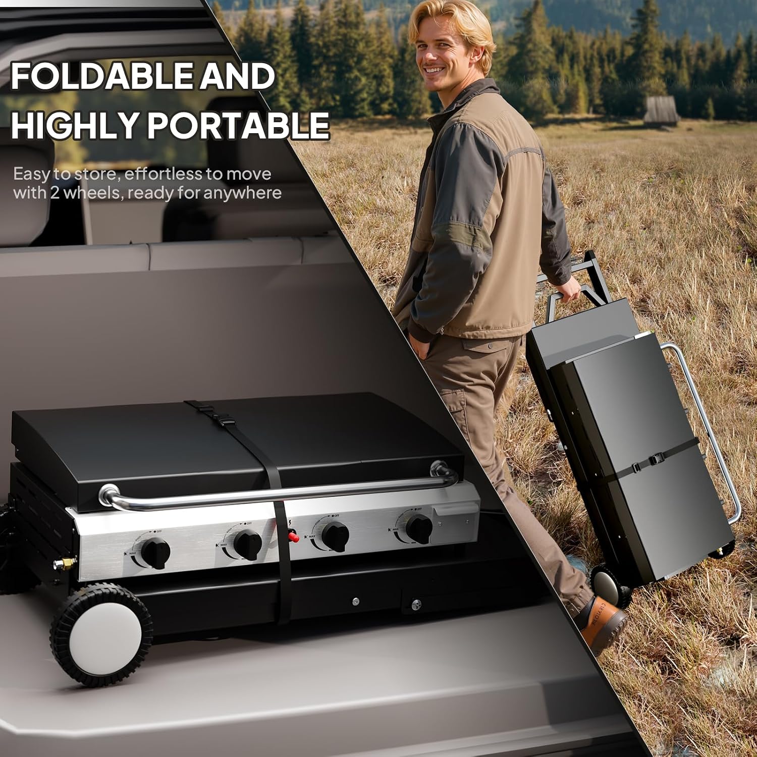 ROVSUN 4 Burner Foldable Propane Griddle with Wheels, Enameled Tray & Lid, 40000 BTU Portable Rolling Flat Top Gas Grill with Electronic Ignition & Regulator for Outdoor Cooking Camping BBQ Tailgating