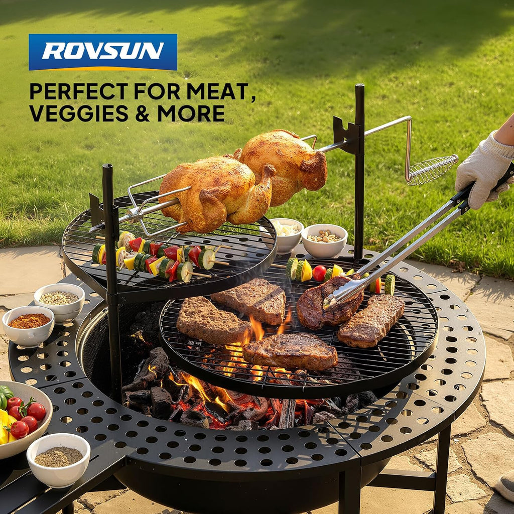 ROVSUN Upgrated 33'' Outdoor Fire Pit with 2 Grills, Grill with Side Shelves, Wood Burning Round Firepit with Swivel Cooking Grate, Removable Swivel Grill for Backyard, Patio, Picnic, BBQ and Parties