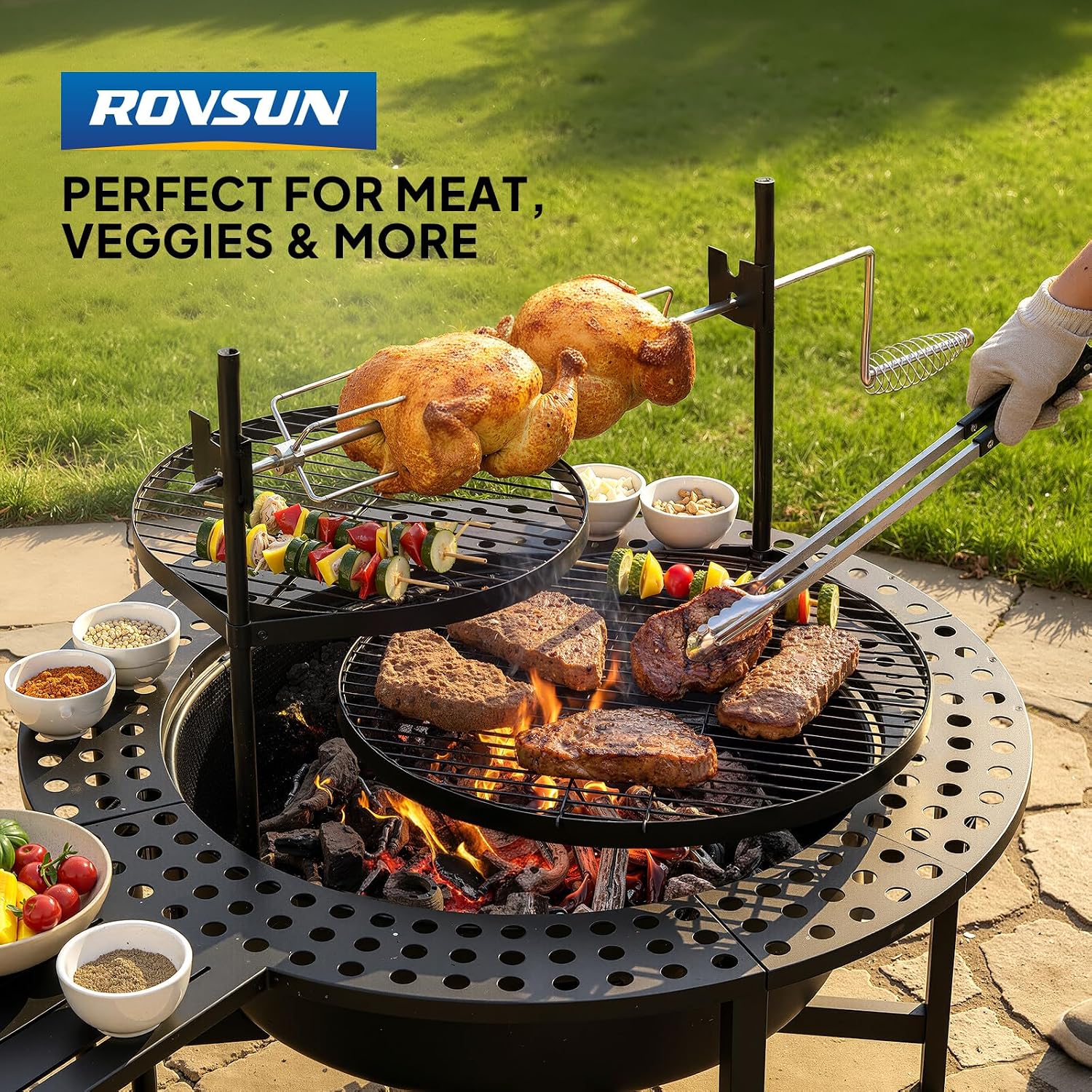 ROVSUN Upgrated 33'' Outdoor Fire Pit with 2 Grills, Grill with Side Shelves, Wood Burning Round Firepit with Swivel Cooking Grate, Removable Swivel Grill for Backyard, Patio, Picnic, BBQ and Parties