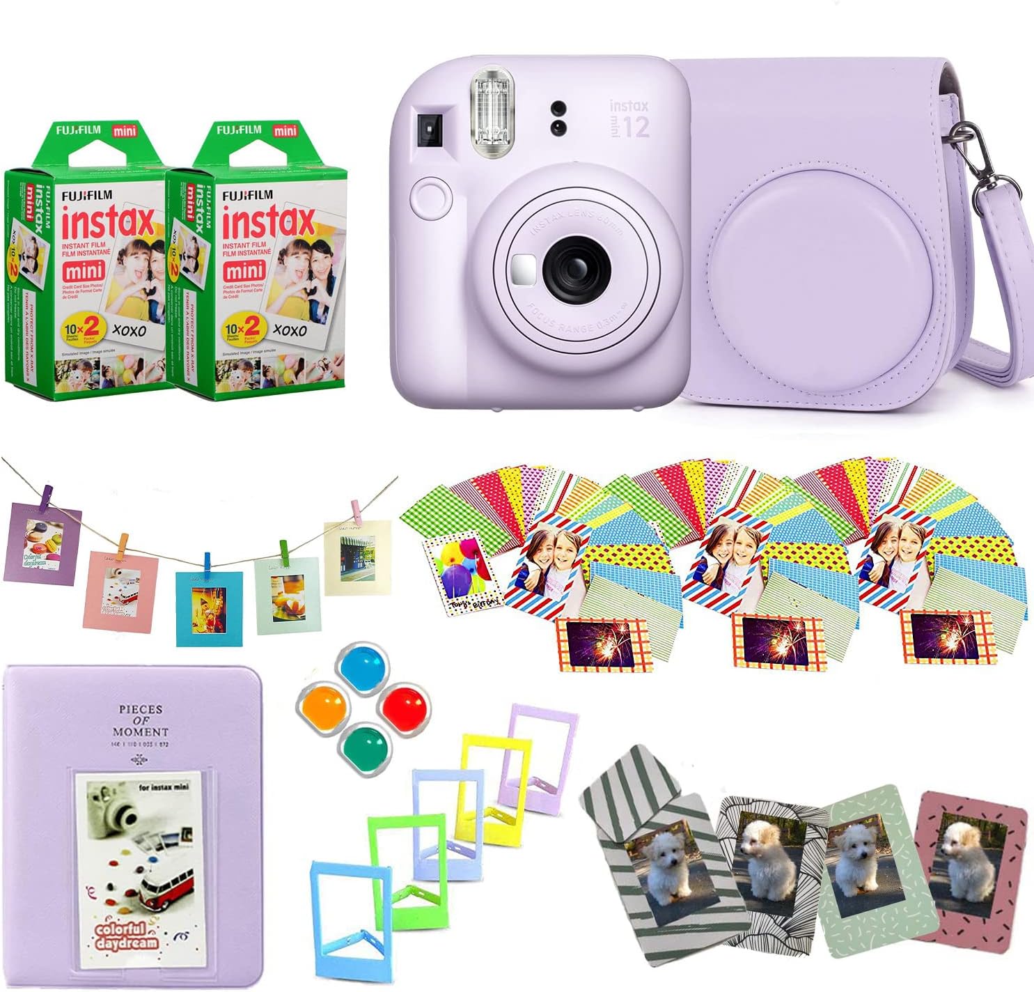 Fujifilm Instax Mini 12 Instant Camera + Pro Design Accessory Bundle with Protective Case, Magnetic Frames, Album, Frames Design Kit (40 Sheets) (Lilac Purple)