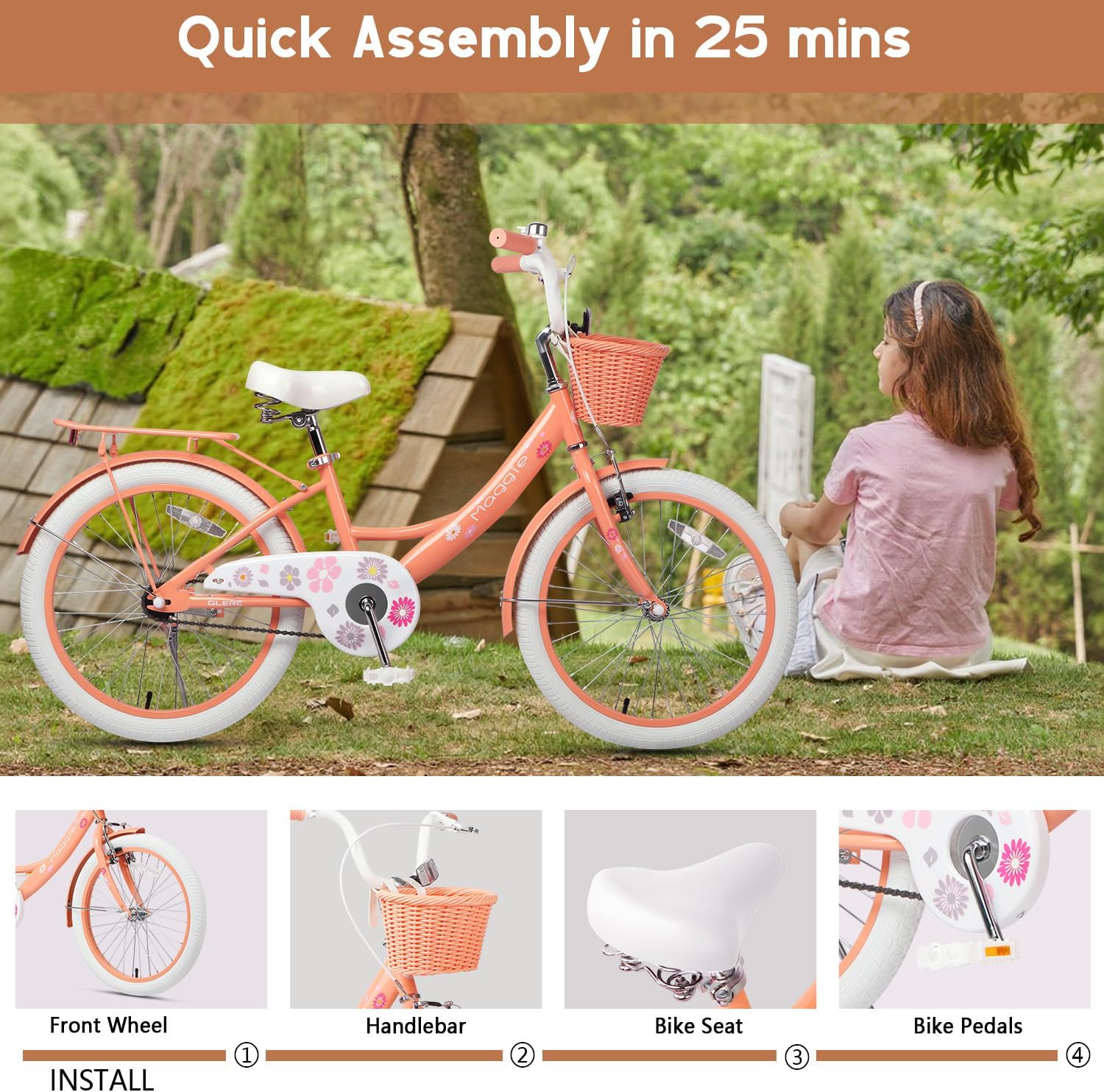Glerc Maggie Girls Bike, 12-20 Inch Kids Bike for 2-13 Years Old Children, Princess Style Kids Bicycle with Doll-Seat & Basket & Training Wheels, Multiple Colors