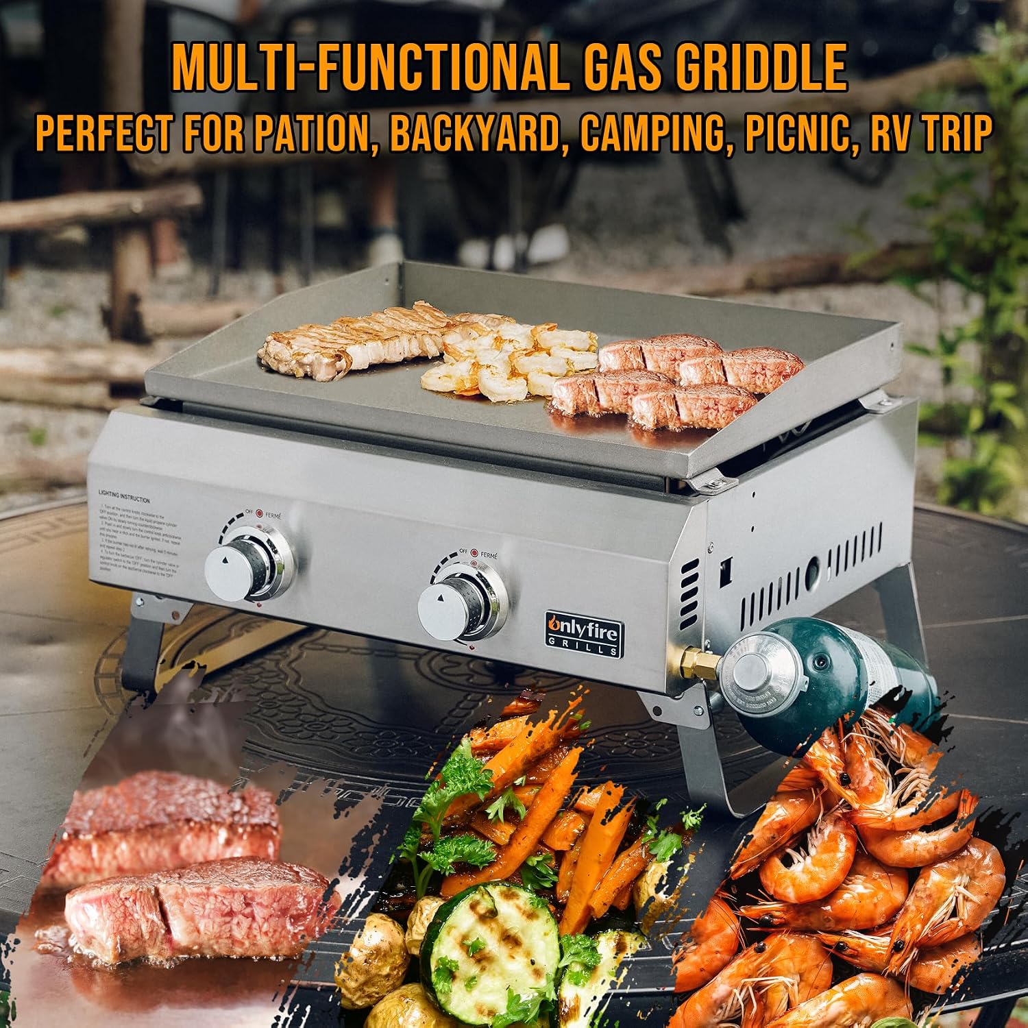 ONLYFIRE GRILLS Tabletop Gas Griddle 2-Burner, Portable Propane Gas Flat Top Griddle 252 SQ.IN Cooking Area, Outdoor Barbecue Stove for Patio BBQ Camping Tailgating RV, Stainless Steel, Classic GS319