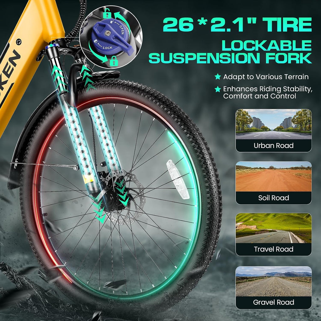 Wooken Electric Bike for Adults, 1000W Peak Ebike, 26' x 2.1' Tire Step Through Electric Bike, City Cruiser Ebike with 48V 10.4/15Ah Removable Battery, 7 Speed, SGS Certified to UL2849