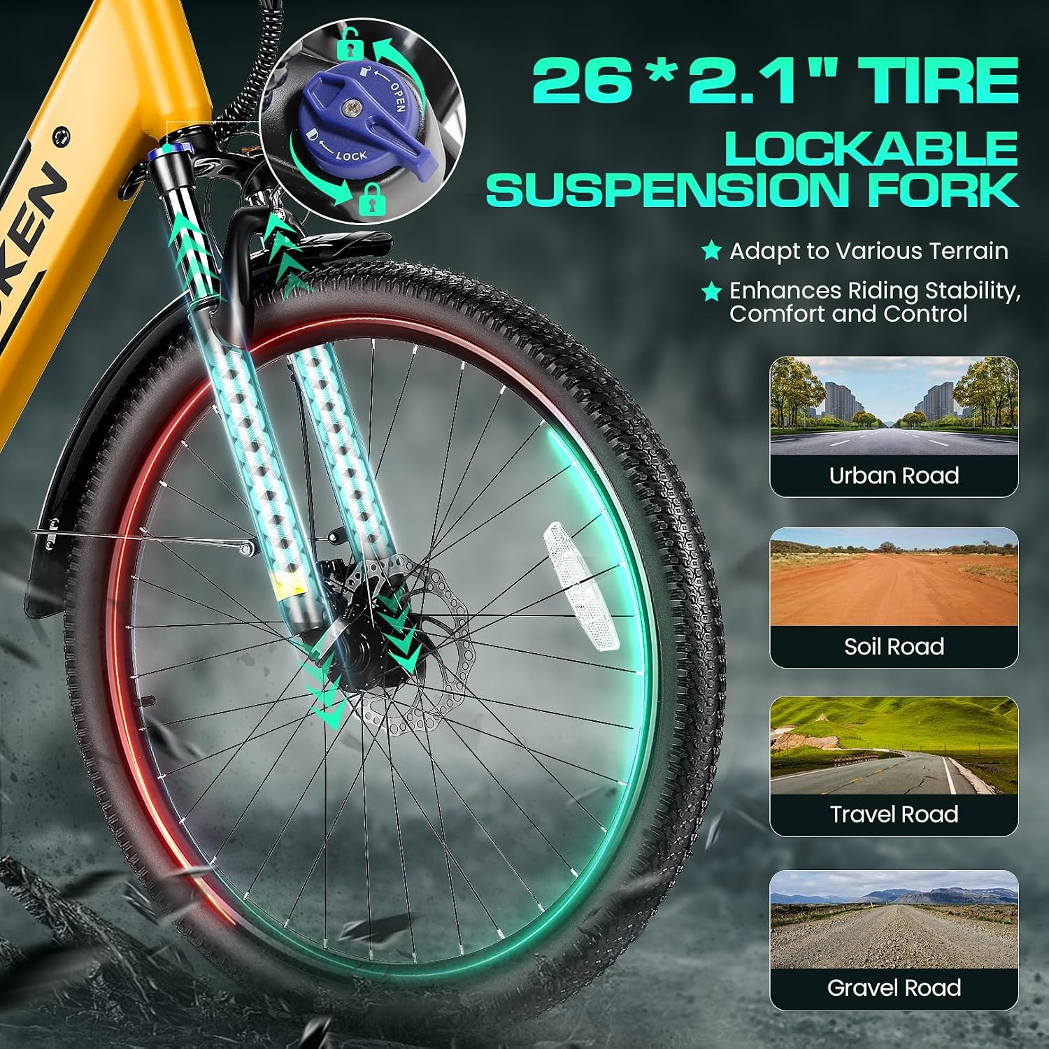 Wooken Electric Bike for Adults, 1000W Peak Ebike, 26' x 2.1' Tire Step Through Electric Bike, City Cruiser Ebike with 48V 10.4/15Ah Removable Battery, 7 Speed, SGS Certified to UL2849