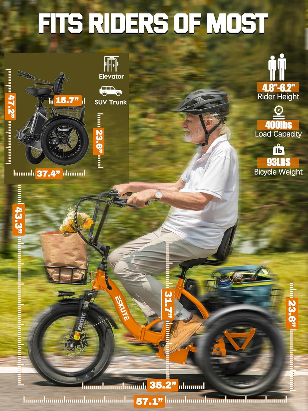 ESKUTE E Trike Electric Bike, Peak 1200W Brushless Motor Folding Trike 18X3.0 Fat Tire Ebike, 624Wh Removable Battery, Step-Thru 3 Wheel Electric Bicycle, Up to 55 Miles, 18MPH+ Tricycle for Adults