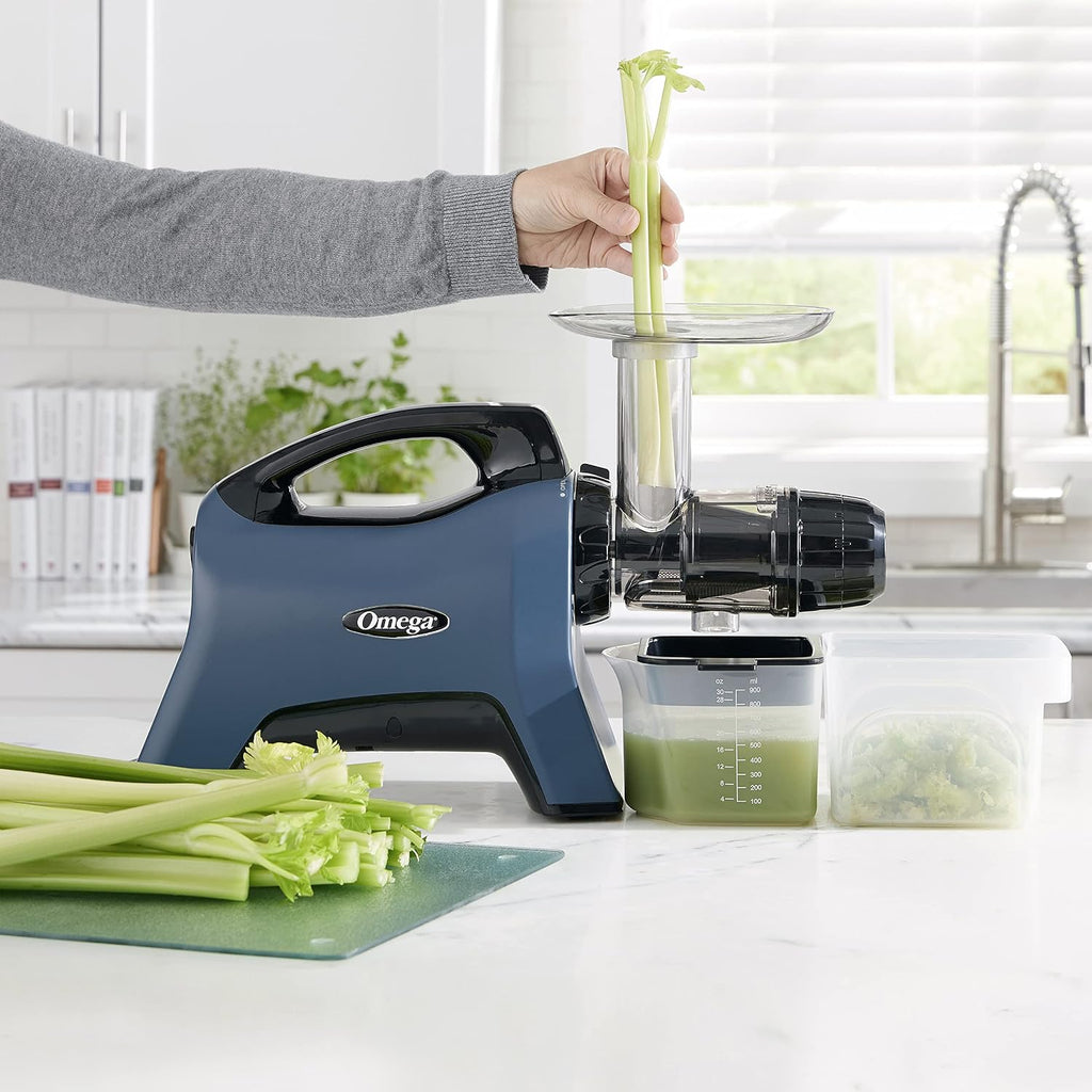 Omega Celery Juicer and Nutrition System Masticating Juicer, Cold Press Juicer Machine For Celery with Adjustable Dial, 200-Watt, Blue