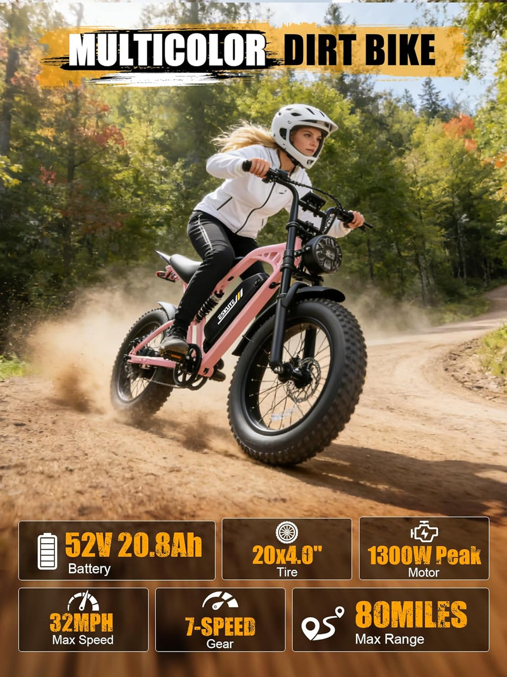 ESKUTE V200 Electric Dirt Bike for Adults,52V20.8Ah Battery,20' x4.0 Fat Tire,32MPH,NFC Unlock Color Display,7-Speed Dual Suspension,Dirt E-Bike,80 Miles, Streamlined Frame, E-Bike for Youth & Adults