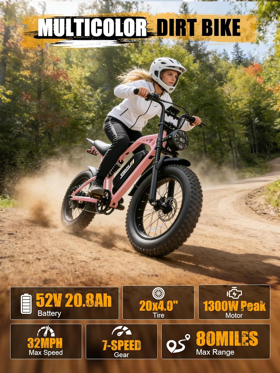 ESKUTE V200 Electric Dirt Bike for Adults,52V20.8Ah Battery,20' x4.0 Fat Tire,32MPH,NFC Unlock Color Display,7-Speed Dual Suspension,Dirt E-Bike,80 Miles, Streamlined Frame, E-Bike for Youth & Adults