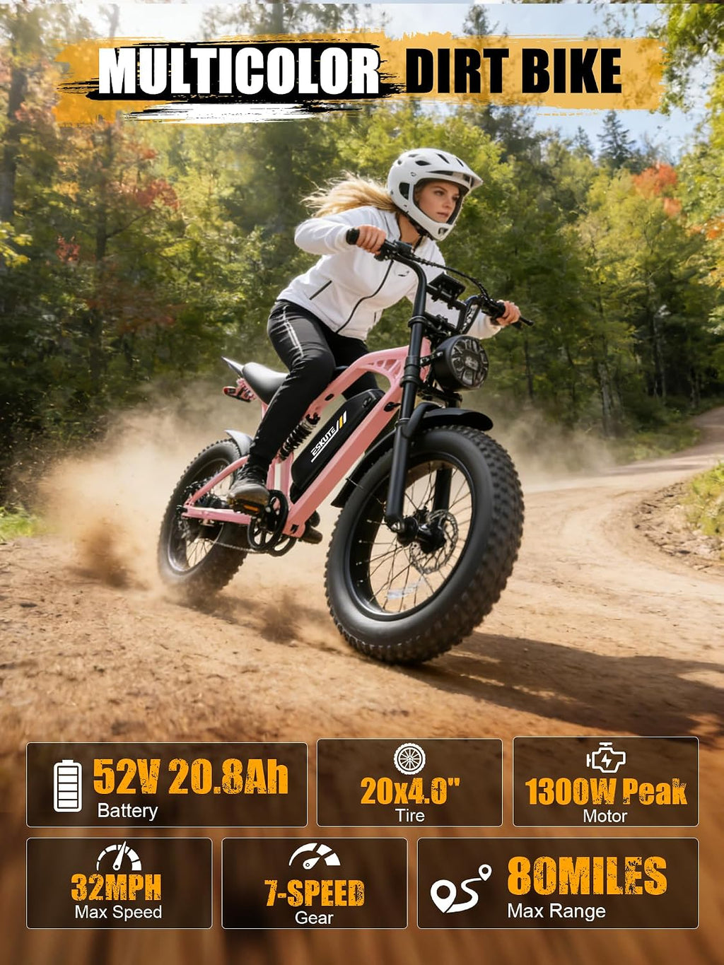 ESKUTE V200 Electric Dirt Bike for Adults,52V20.8Ah Battery,20' x4.0 Fat Tire,32MPH,NFC Unlock Color Display,7-Speed Dual Suspension,Dirt E-Bike,80 Miles, Streamlined Frame, E-Bike for Youth & Adults