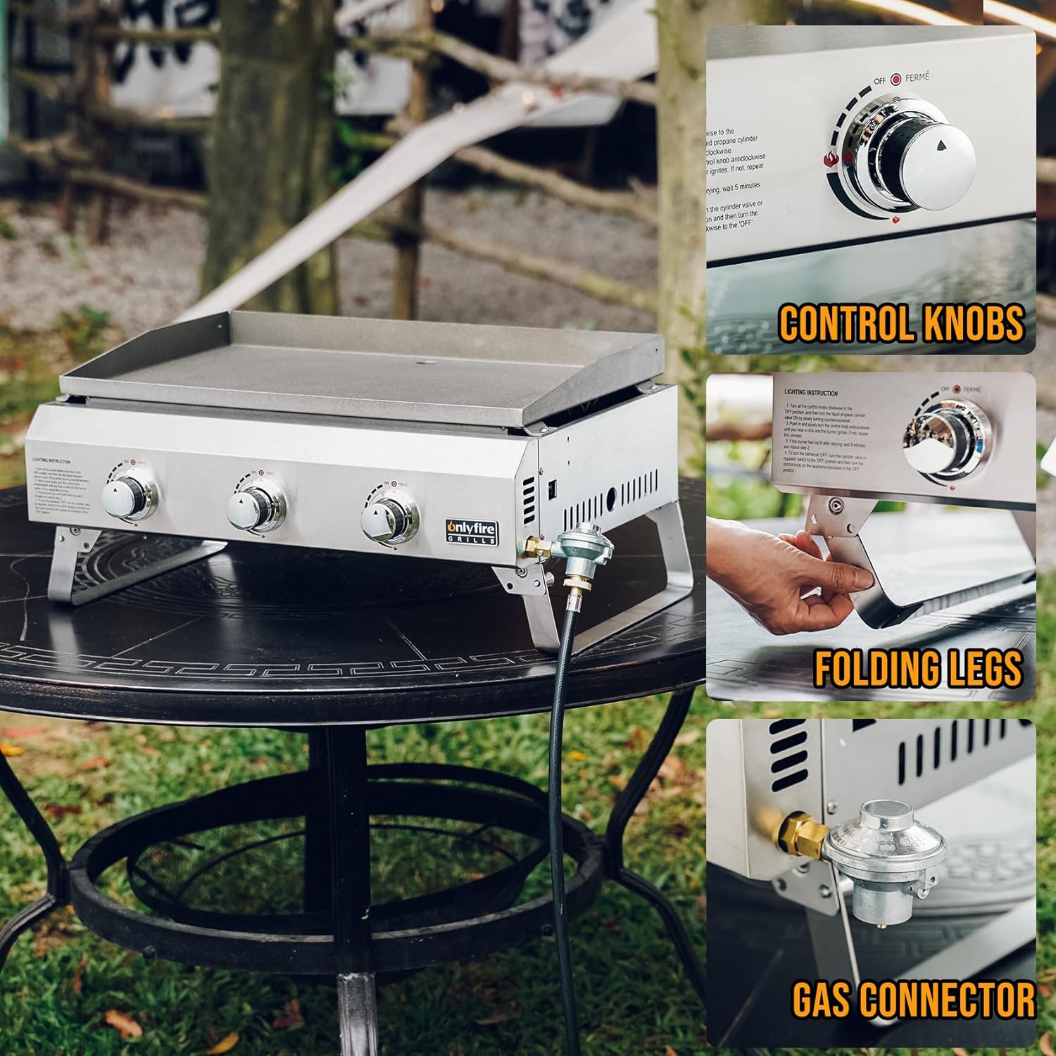 ONLYFIRE GRILLS Tabletop Gas Griddle 3-Burner, Portable Propane Gas Flat Top Griddle 315 SQ.IN Cooking Area, Outdoor Barbecue Stove for Patio BBQ Camping Tailgating RV, Stainless Steel, Classic GS311
