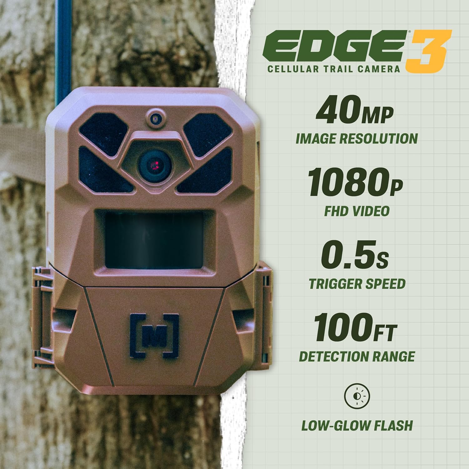 Moultrie Edge 3 Cellular Trail Camera Bundle with Flex Mount 2 – 40MP HD Photos, 1080p Video, Low-Glow Flash, GPS, Multi-Carrier Auto-Connect, Built-in Memory, 0.5s Trigger, AI Buck Detection