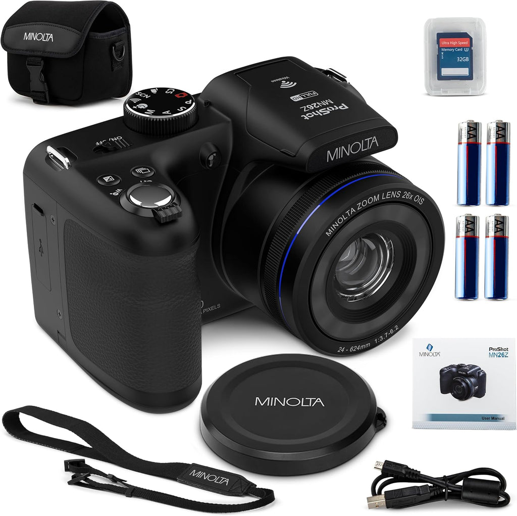 Minolta ProShot 20MP Camera – 26x Optical Zoom Lens, 1080p HD Video, WiFi, 3-inch LCD Screen, Image Stabilization, Face Detection, Scene Modes, Compact Point & Shoot, 32GB Card (Black)